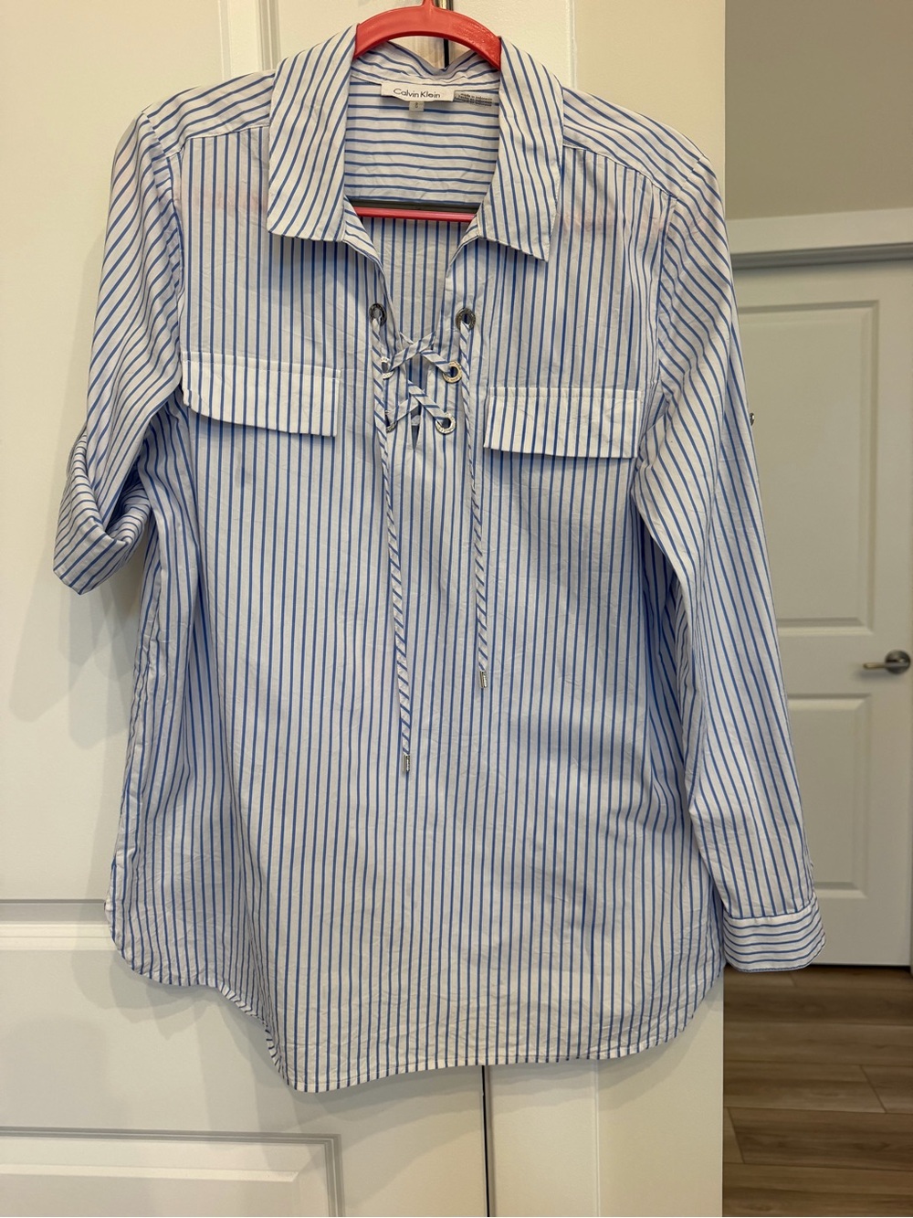 Calvin Klein Blue White Striped Lace Up Blouse Roll Tab Sleeve Top Size L